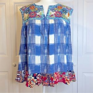 JOHN•MARK Women’s Embroidered Plaid Boho Sleeveless 100% Linen Blouse Size L